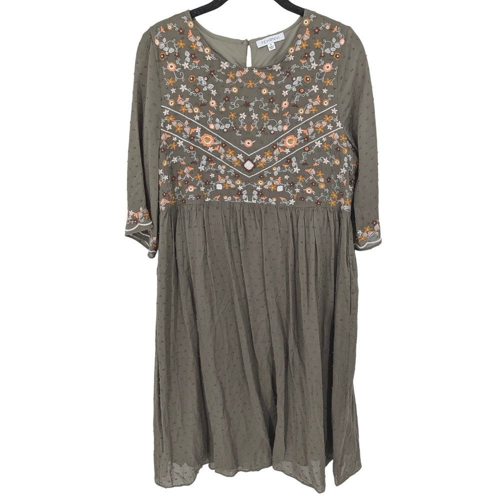 FEHRNVI Boho Dress Women Small Green Embroidered Swiss Dot Babydoll 3/4 Sleeve